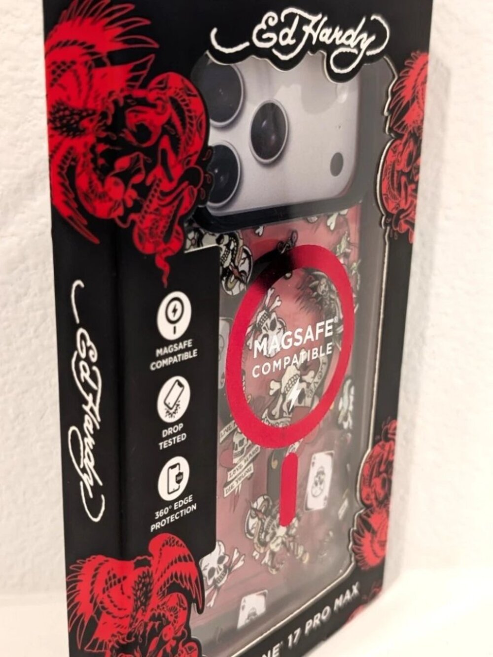 Ed Hardy MagSafe iPhone 17 Pro Max Case Tattoo Skull Cards Red Clear Drop NIB